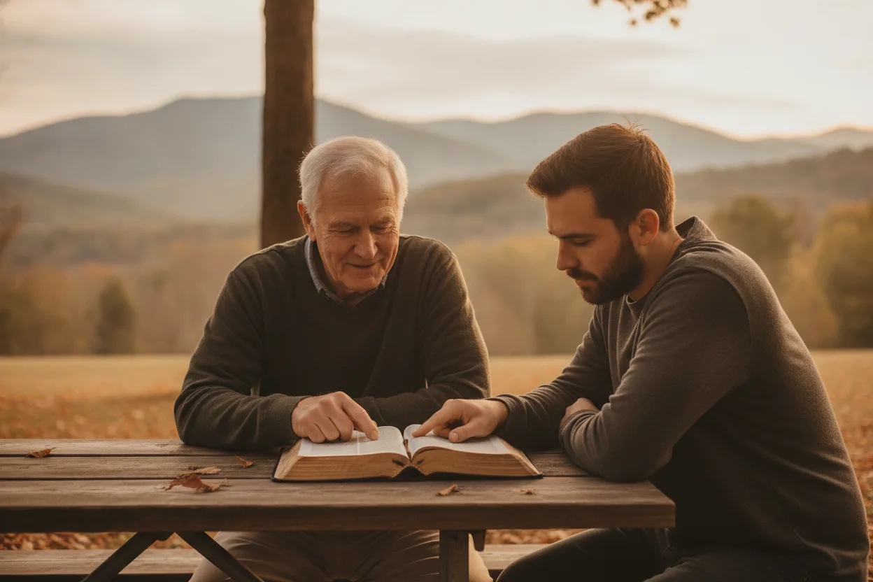 An older man and a young man reading the Bible together outdoors
