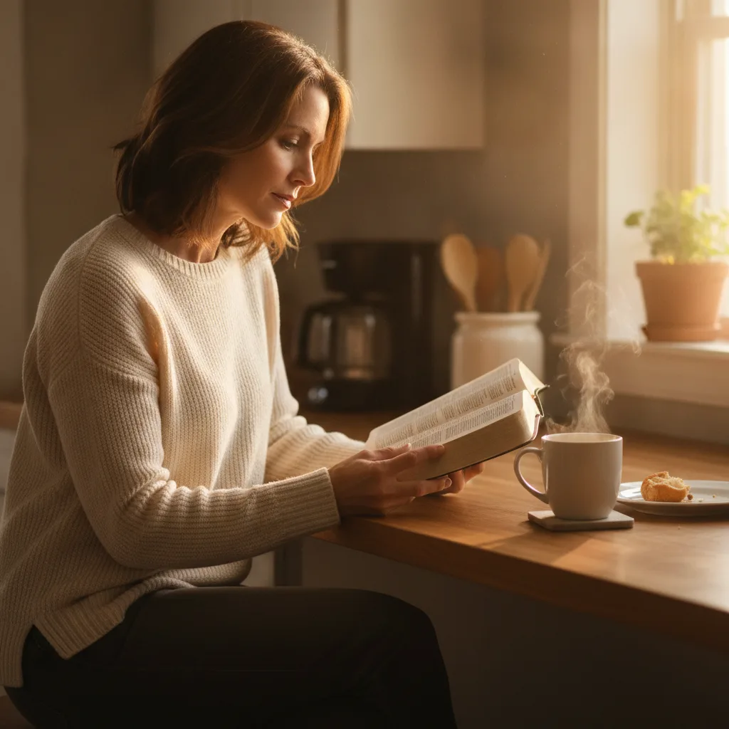 Woman reading a Bible with morning coffee