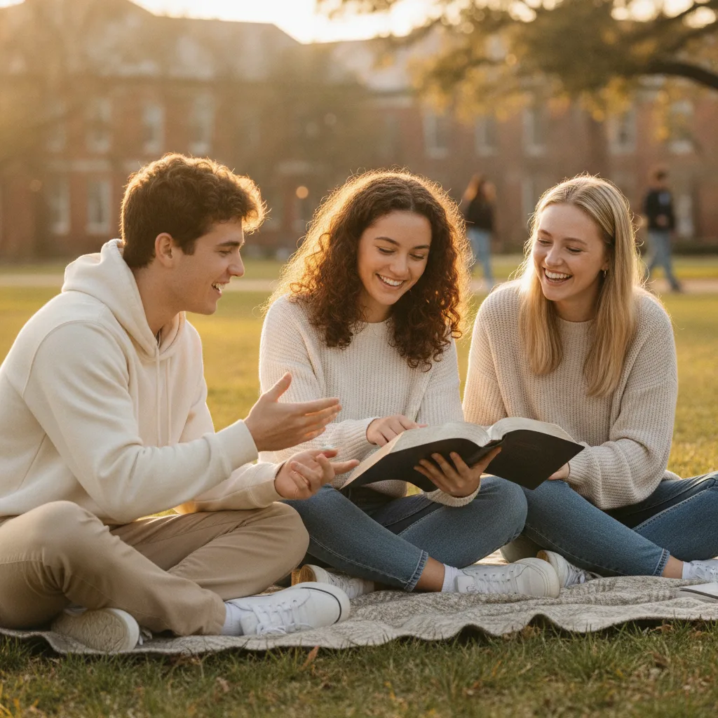University-age friends reading a Bible together outdoors