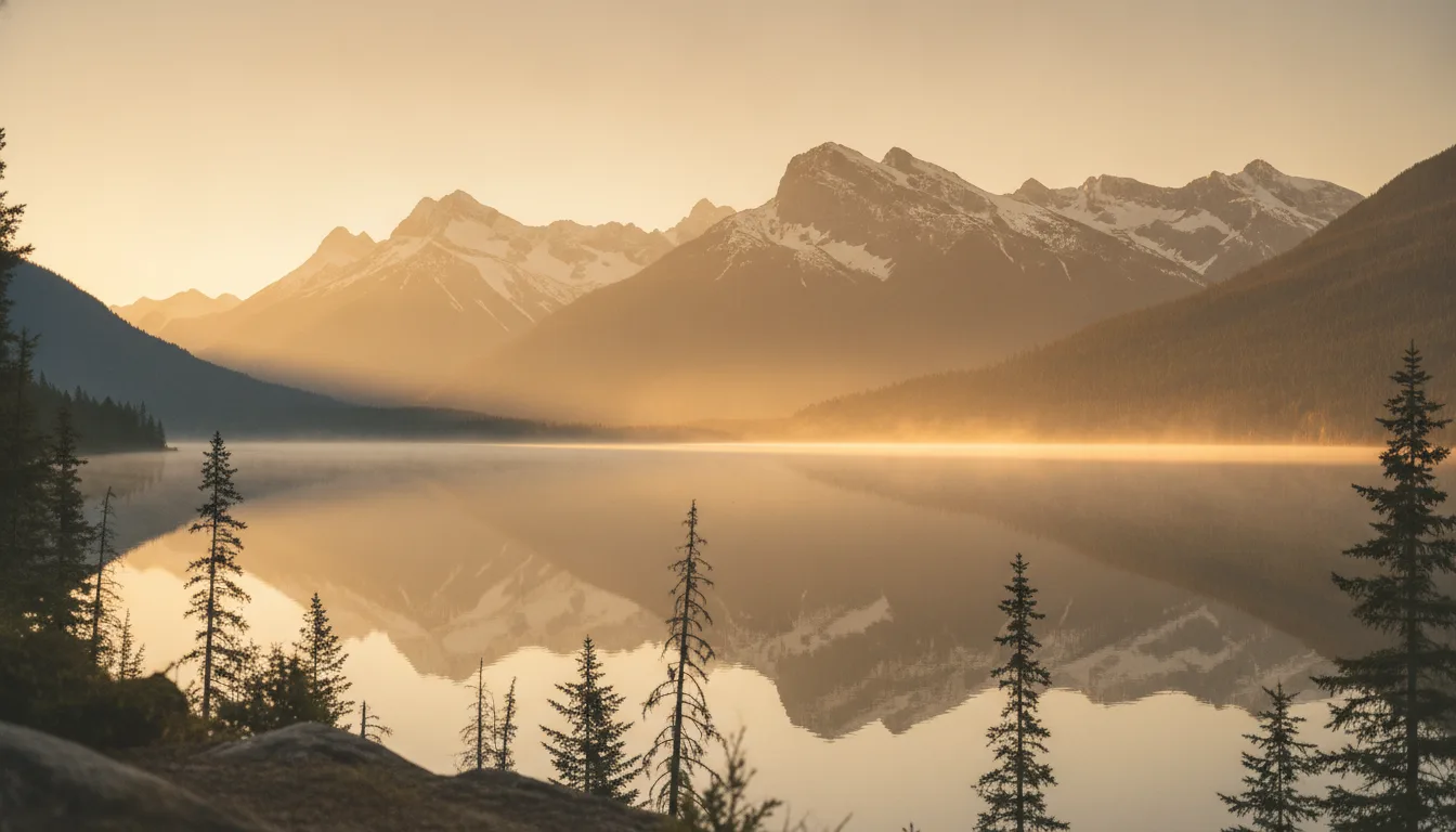 Mountains and a calm lake in British Columbia at sunrise