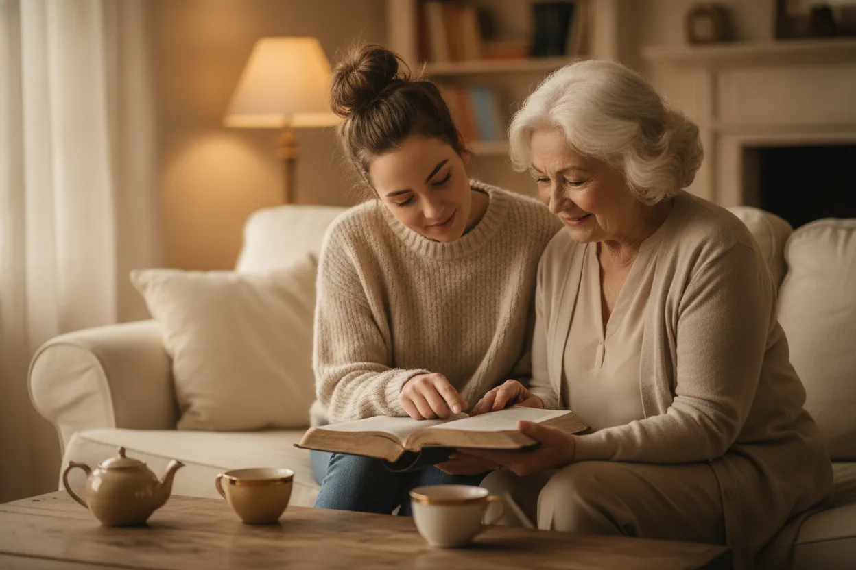 Two women of different generations reading the Bible together on a couch