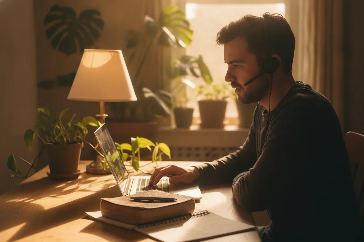 Young man on a video call with an open Bible and notebook