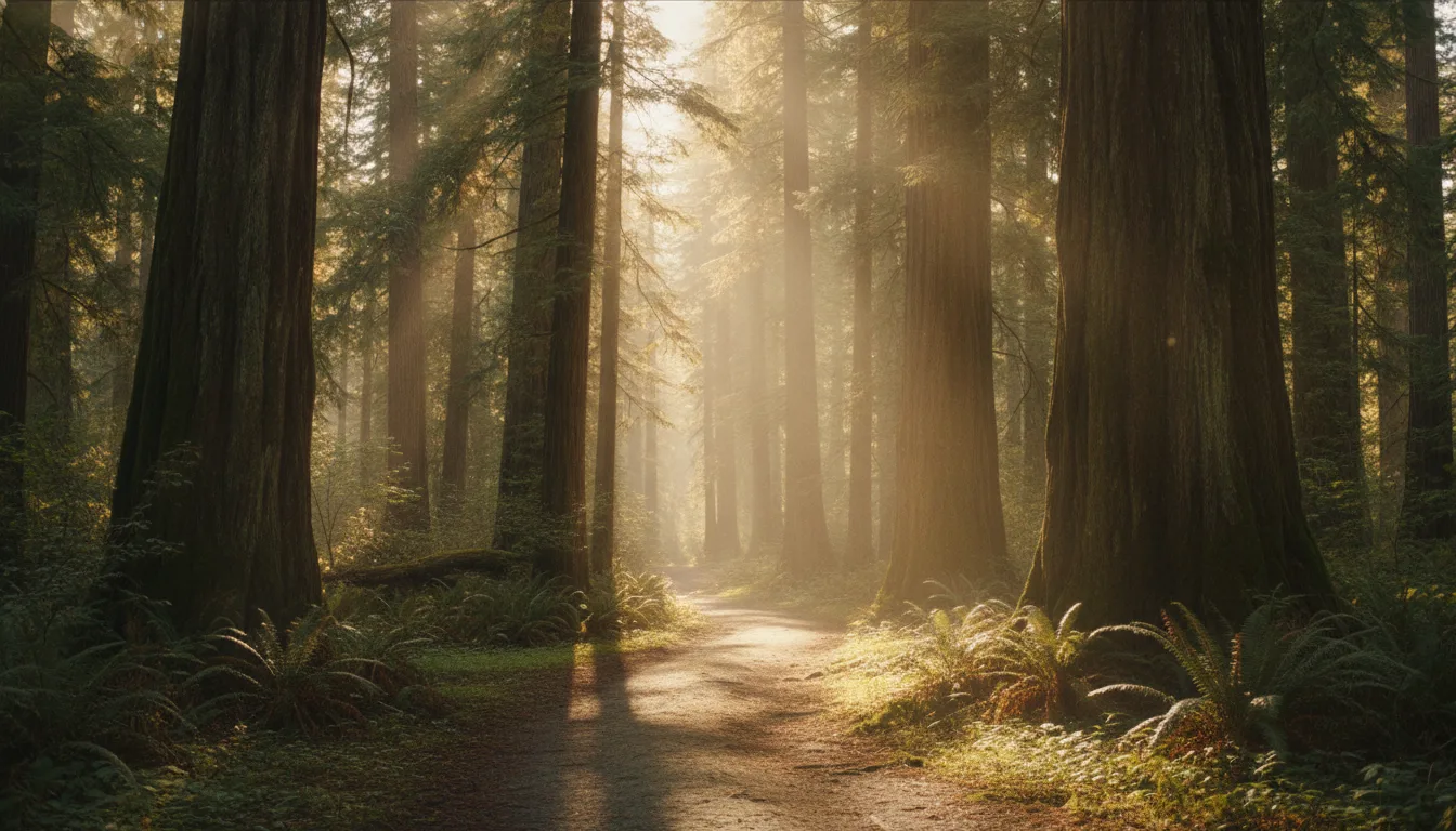 Sunlight shining through tall cedar trees in a BC forest
