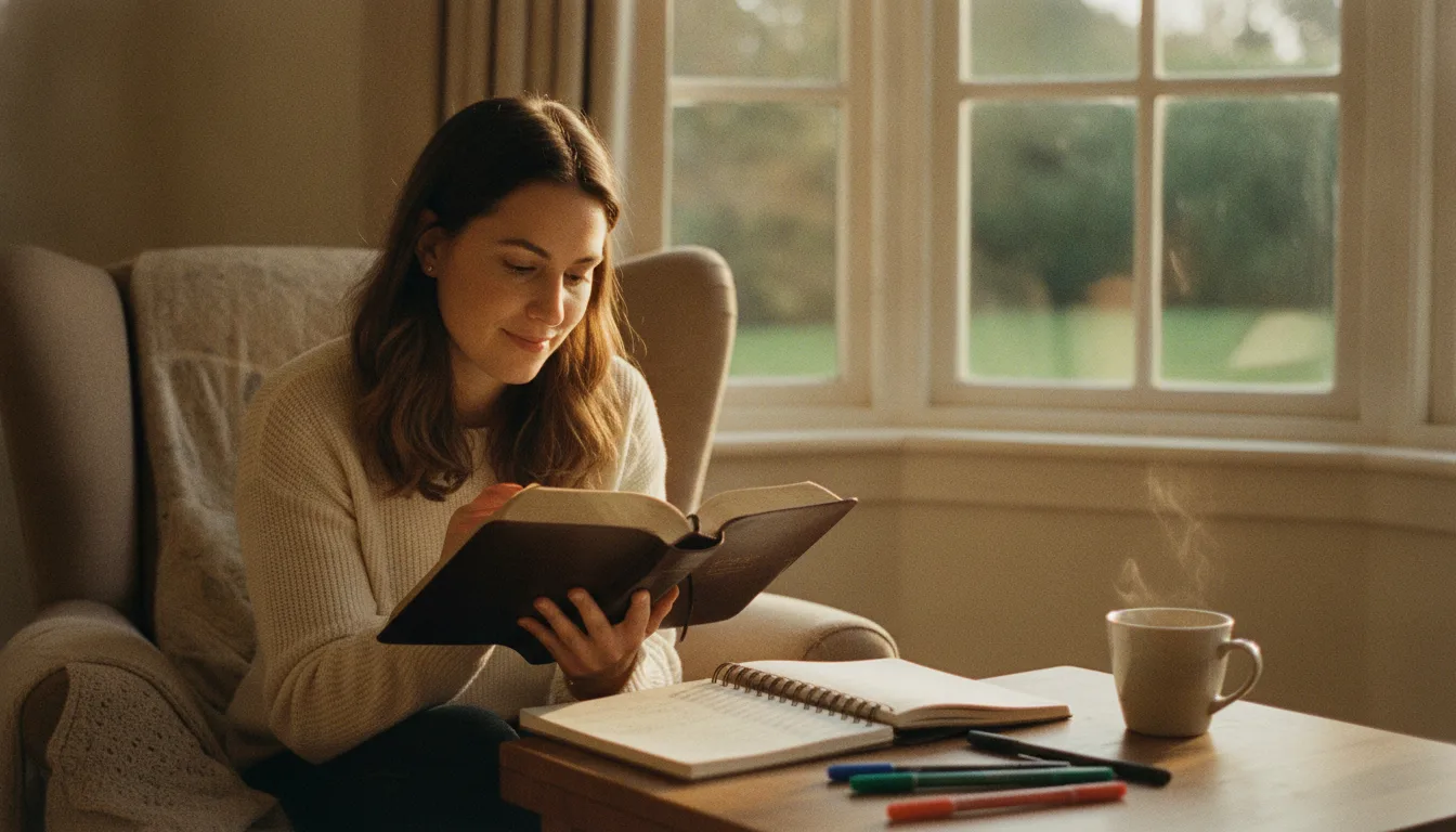Young woman reading the Bible by a window