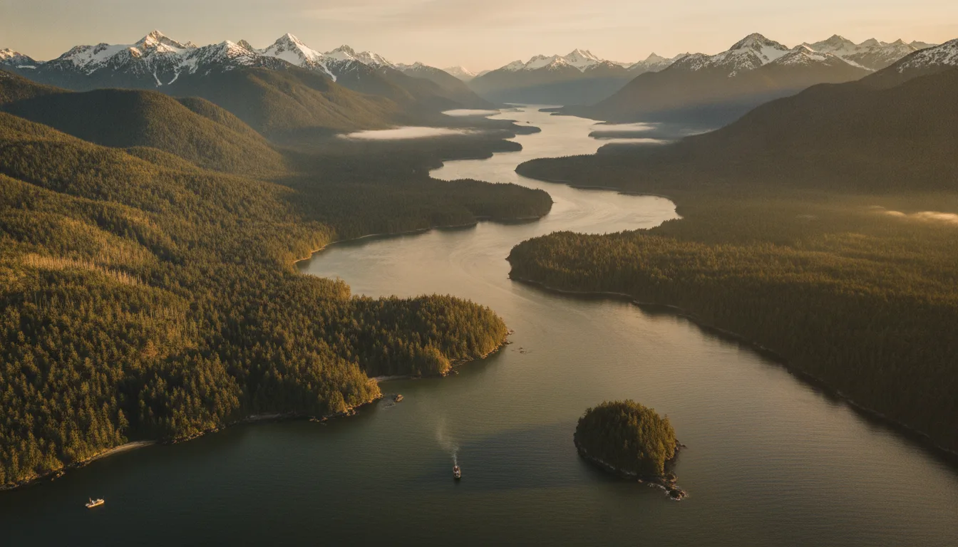British Columbia coastline and mountains at golden hour