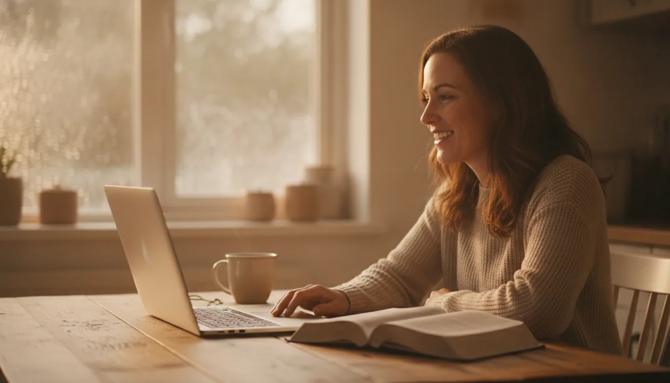 Woman joining an online Bible study on her laptop