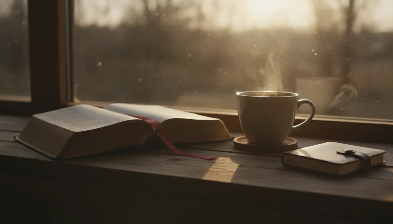 Open Bible with a bookmark and a cup of tea at sunrise