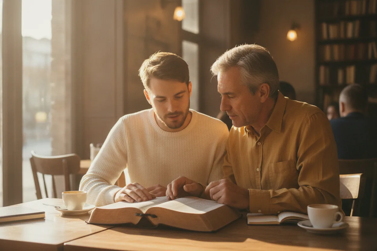 Two men studying an open Bible at a café table