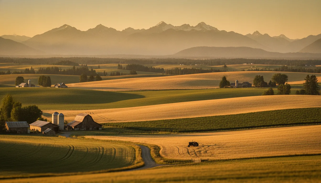 Fraser Valley farmland with mountains in the background