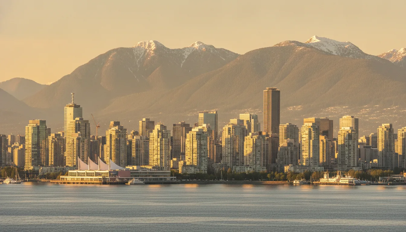 Vancouver skyline and North Shore mountains at golden hour