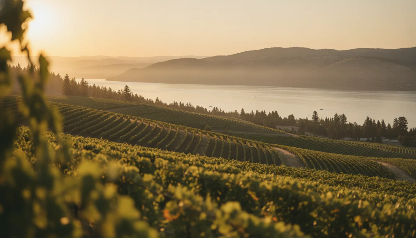 Okanagan Lake with vineyards and hills at sunset