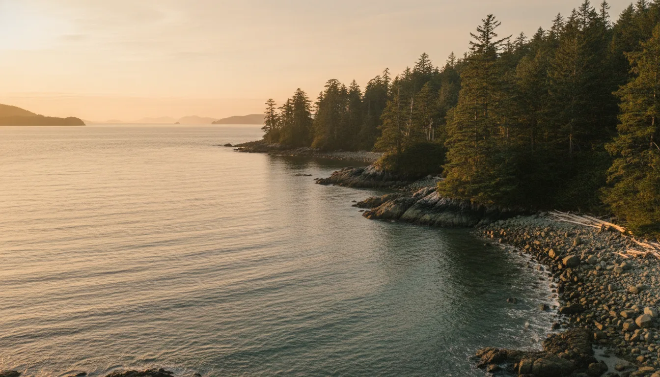 Vancouver Island coastline with evergreen trees and calm ocean