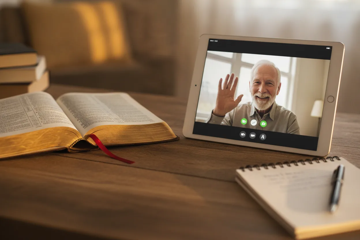 Open Bible beside a tablet showing a video call