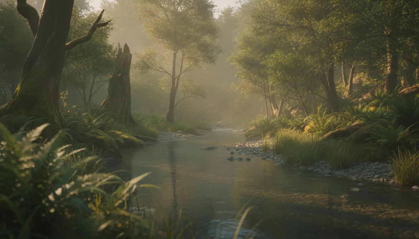 Clear river flowing through a forest in soft morning light