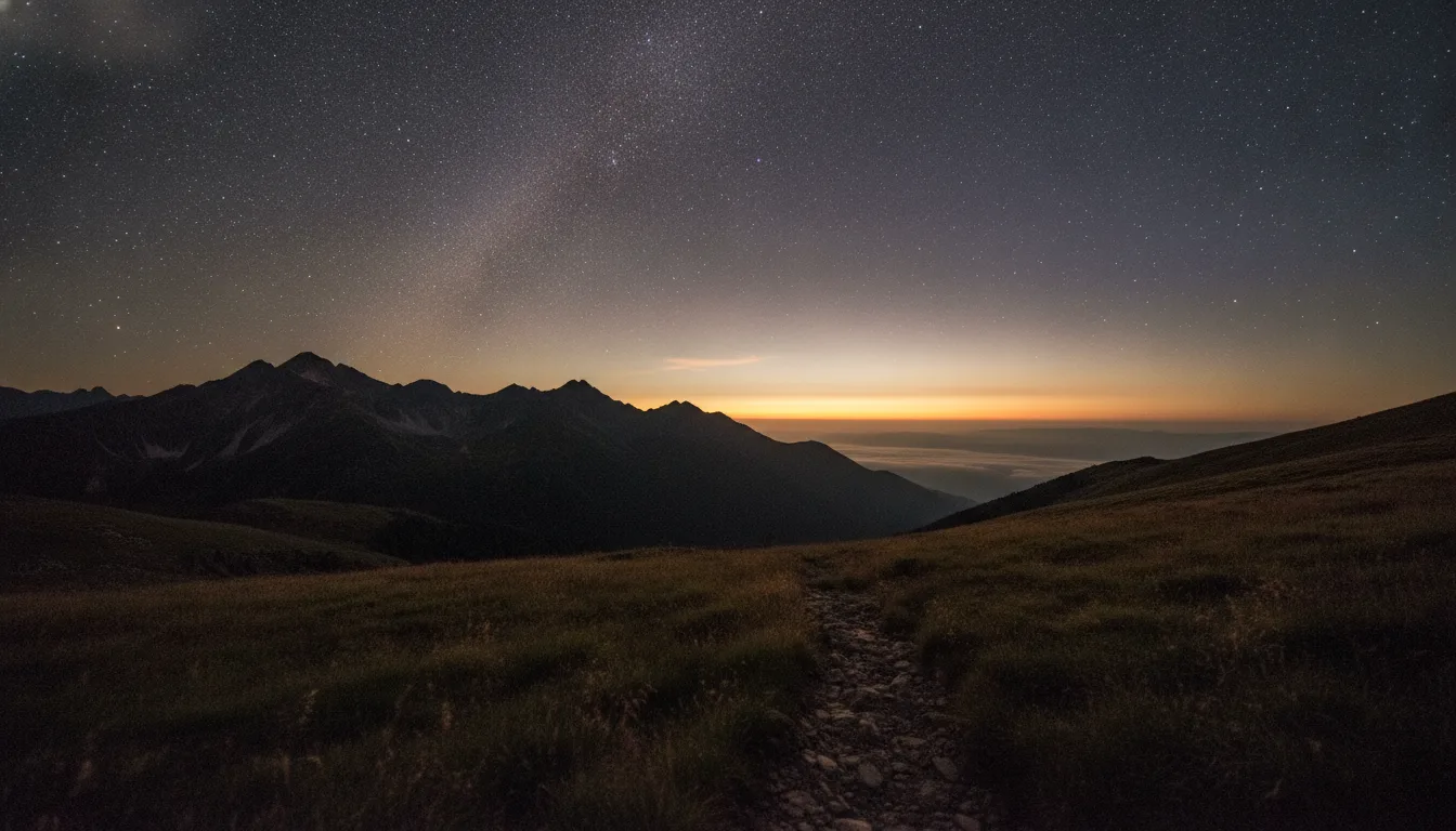 Starry night sky over a dark mountain range with a glowing horizon