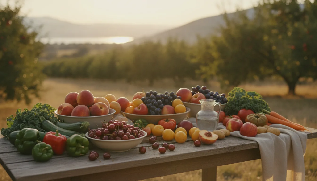 Fresh fruits and vegetables from an Okanagan orchard on a table