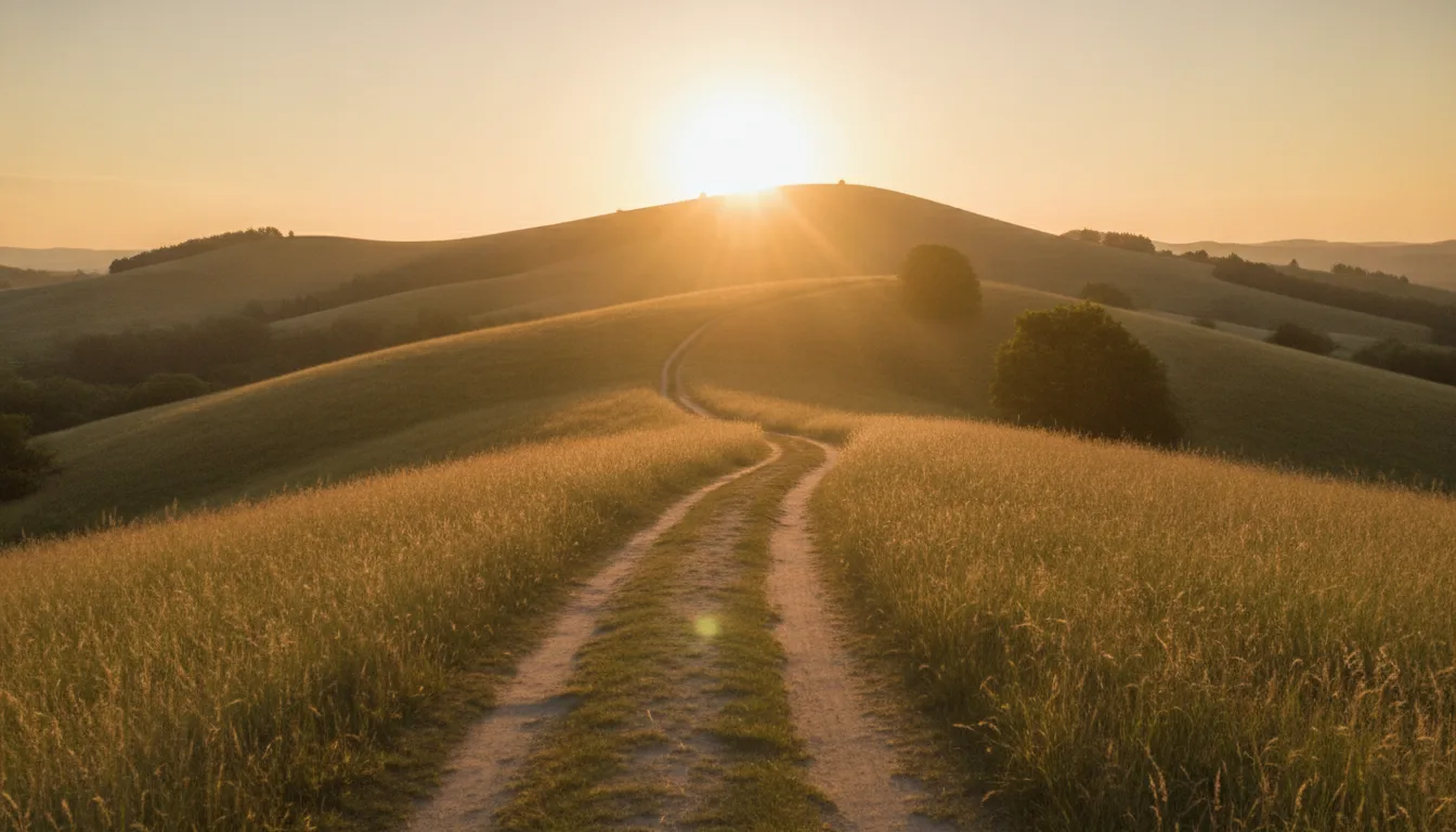 Path leading toward a bright sunrise over rolling hills