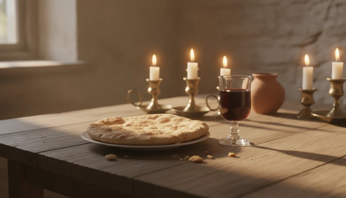Simple bread and a cup on a rustic wooden table by candlelight