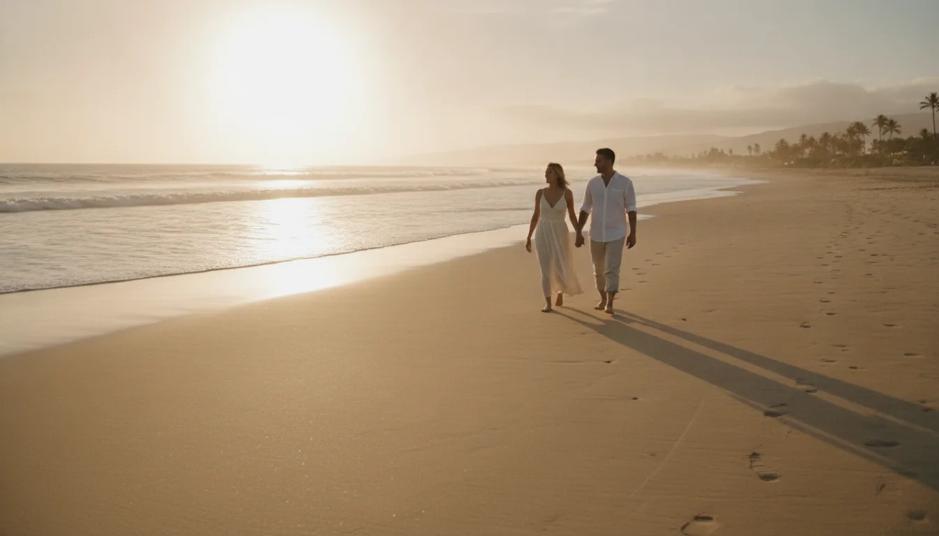 Couple walking hand in hand along a beach at sunset
