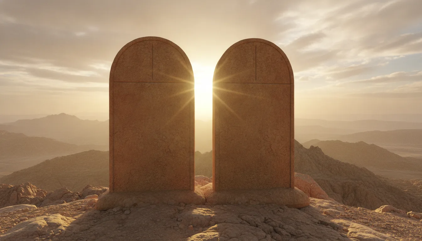 Two ancient stone tablets on a mountain at sunrise