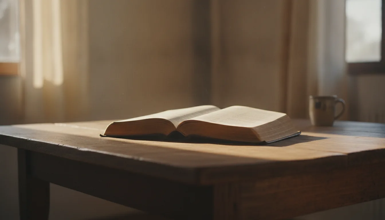 Open Bible on a wooden table lit by soft morning light