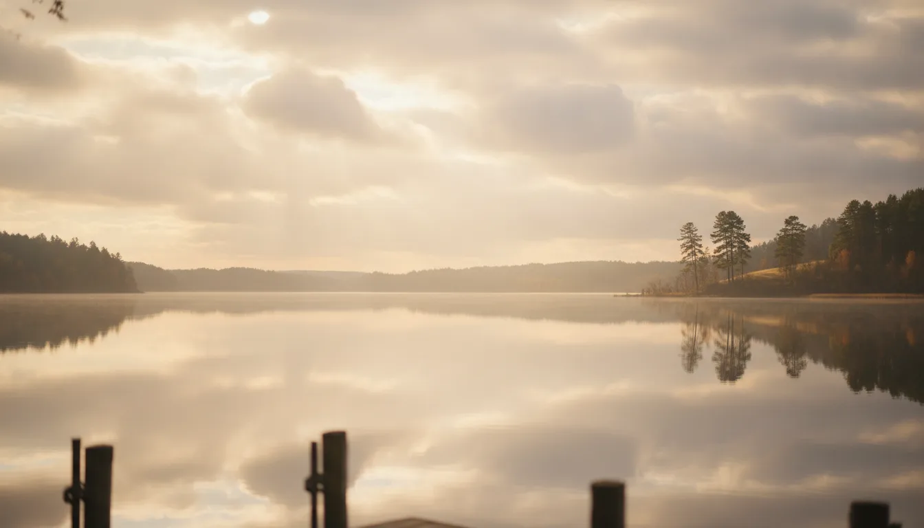 Gentle light streaming through clouds over a calm lake
