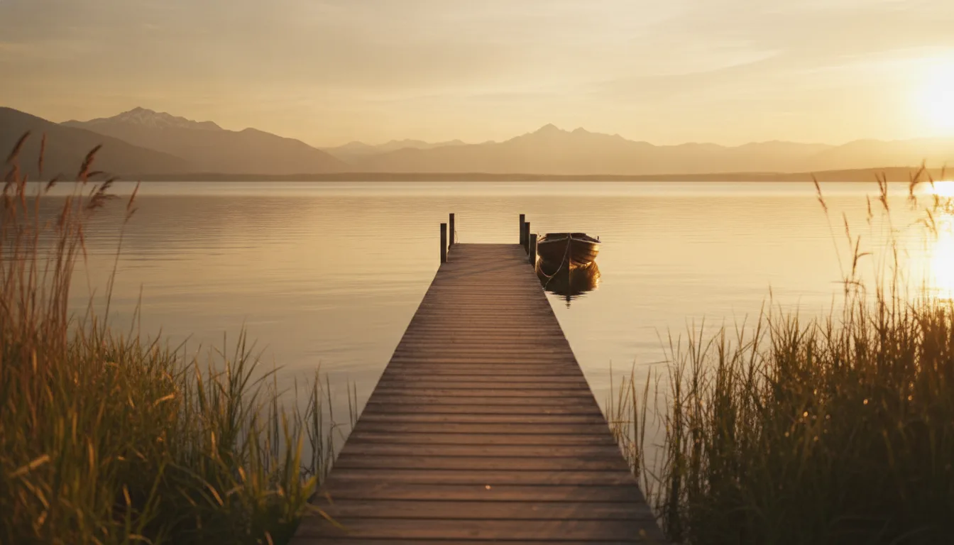 Peaceful lakeside dock at sunset with mountains in the distance